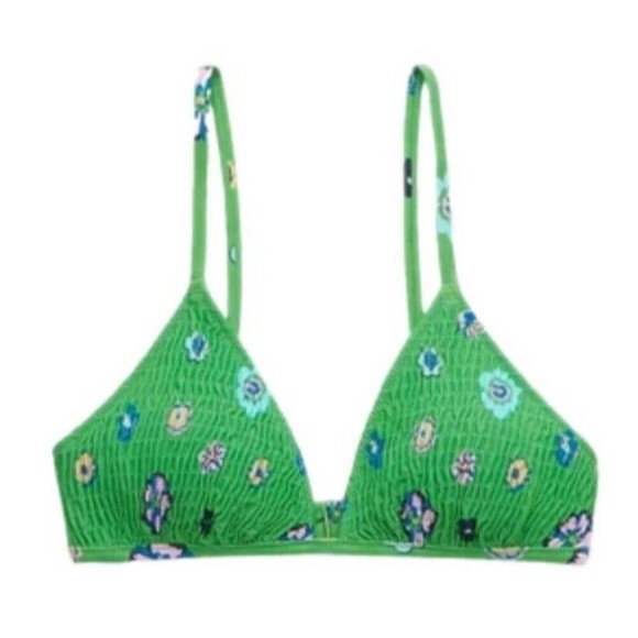 Aerie Womens Triangle Bikini Top Swimsuit Sz XL Green Floral Smocked Real Good - Picture 1 of 6